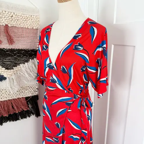 Whistles Tulip Floral Wrap Maxi Dress Red Sz 4 Short Sleeve Stretch Jersey