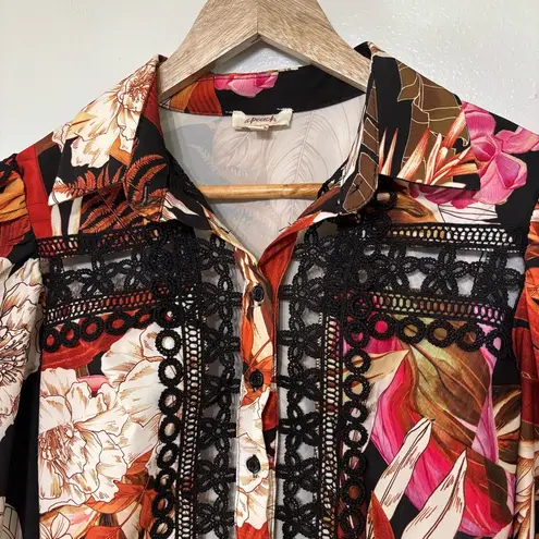 A. Peach Buckle Floral Crochet Cropped Blouse Size S Orange