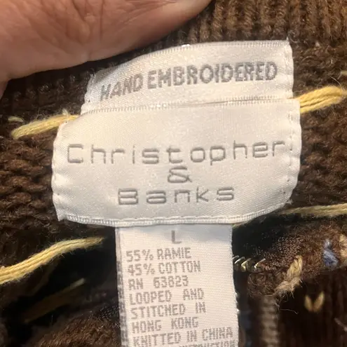 Christopher & Banks  Women Large Brown Zip-Up Snowflake‎ Cardigan Embriodered