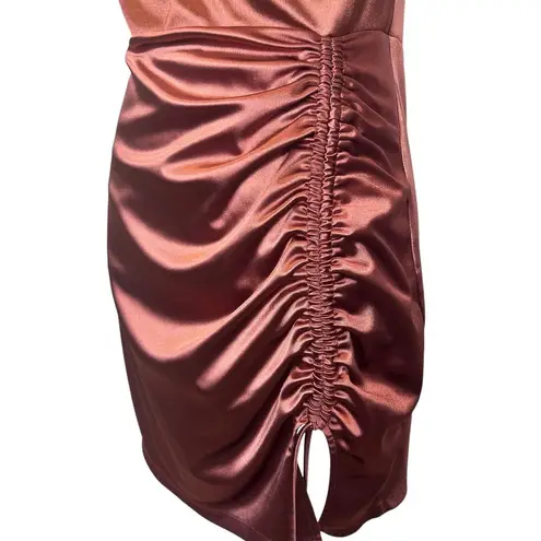 Windsor  Brown Satin Sheen Mini Dress L Sleeveless Ruched Sexy Party Clubwear Y2K