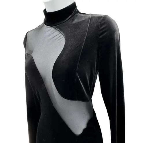 Bershka Black Mesh Cutout Velvet Bodycon Mini Dress Long Sleeve Size S