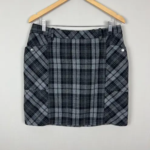 Eddie Bauer  Skirt Women 8 Plaid Tartan Gray Black Mini Wool Blend Pockets Pencil