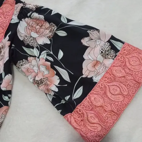 Jaase Pink and Black Floral Print Embroidered Open Front Kimono Top NWT