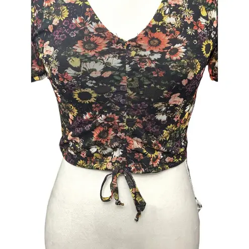 Noisy May Cropped Top Floral Ruched Detail Short Sleeves Black Women's XS NWOT