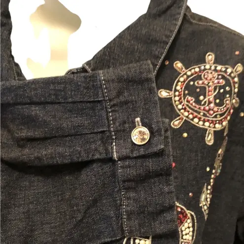 Quacker Factory Anchors Away Woven Shirt Sz. XL Denim Blue Cotton Stretch