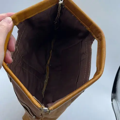 Vintage boho Leather Made in Hong Kong top handle bag. Tan