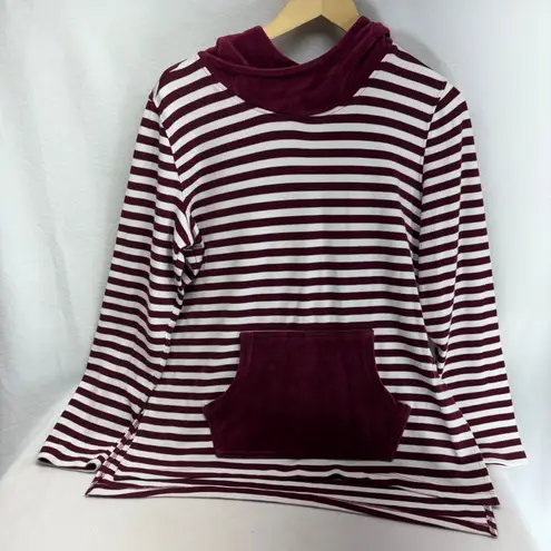 d&co Denim Company Burgundy White Stripe Velour Trim Hoodie Pocket Top Womens S Size M