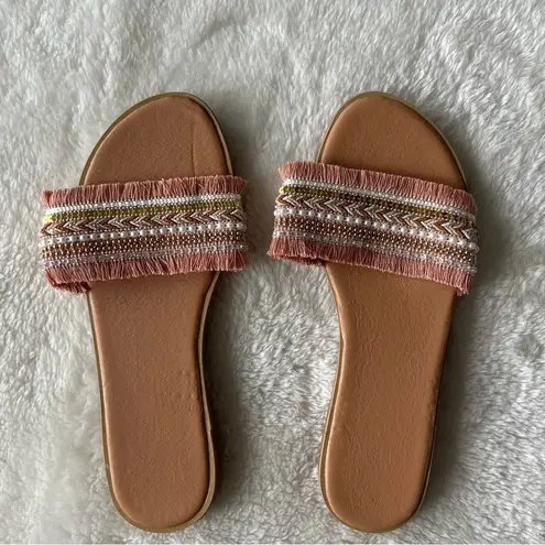 Boho pearl sequin fringe sandals 9 Pink