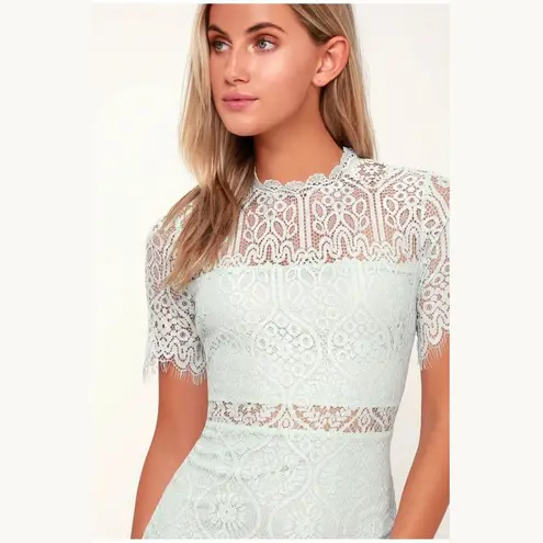 LULUS NWT $69 Sheer Lace Lined Open Waist Sheath Pencil Dress Size S Blue