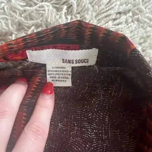 Sans Souci  Orange Black Red Aztec Long Sleeve Button‎ Down Sheer Top Size Large