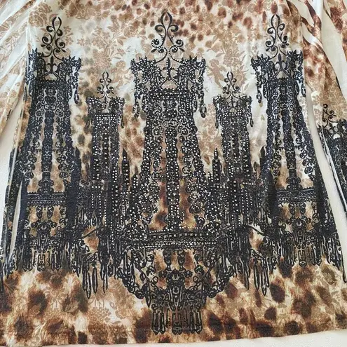 Vocal Chandelier Print Animal Leopard Long Sleeve Top Bling Rhinestone USA Women