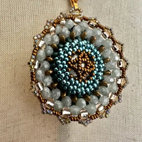 Vintage Reversible Beaded Mandala Pendant Necklace Gold Tone Rope Chain