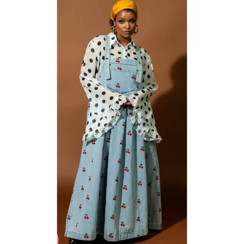 Dressed in Lala Cherry On Top Denim Jumper Dress Blue Size XL