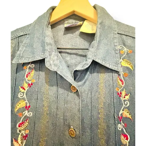 Erika Vintage Cottagecore Denim Embroidered Prairie Dress Size Medium Back Tie Bird