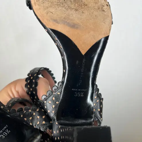 Tabitha Simmons Black Polka Dot Leather Block Heel Sandals Scalloped Strap Size 9