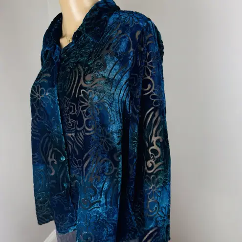 Beverly Drive Top Womens 18W Turquoise Velvet Burnout Floral Artsy Art to Wear Blue