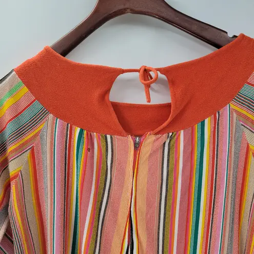 VTG Sears 70s Multicolor Striped House Coat Small Orange Robe Keyhole Back