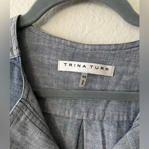 Trina Turk Linen Groove Split Neck With Half Sleeves in Blue Women’s Size XS
