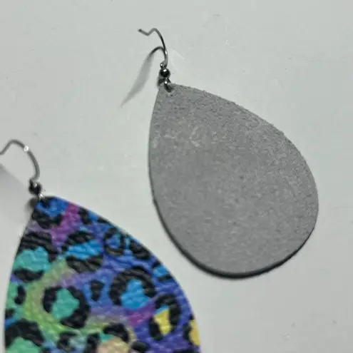 Handmade Genuine Leather Colorful Animal Leopard Print Teardrop Earrings 2"