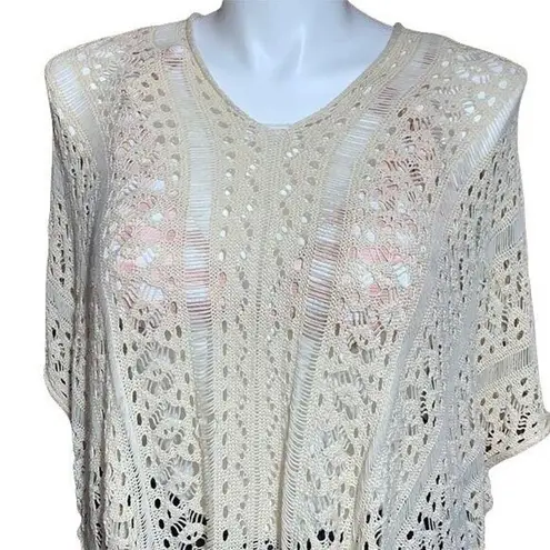 Boutique Womens Lacey Knit Crocheted Pullover Poncho Sweater Coverup Tan OS