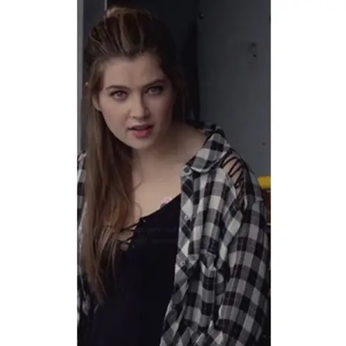 Free People  Black White Plaid Lace-Up Cutout Snap Down Gauze Long Sleeve Shirt