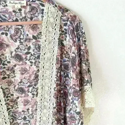 Indigo Rose L Floral Print Open Front Kimono Cardigan Coverup Shirt Crochet Boho Pink Size L