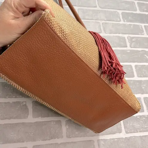 Badgley Mischka Large Straw & Leather Tote Tan / Red Trim