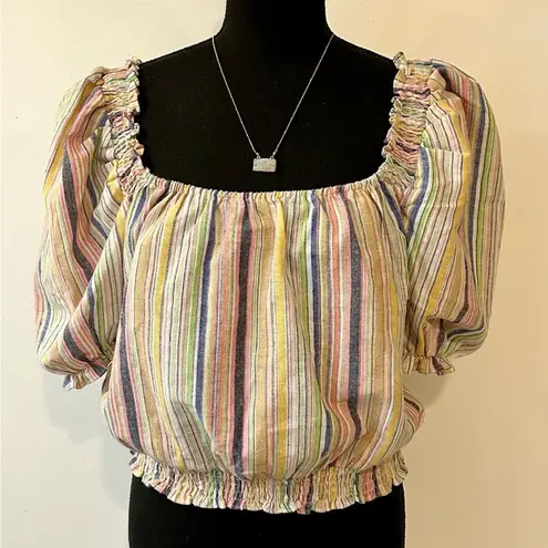 Lumière Lumiere Striped Linen Blend Cropped Peasant Top Size Small