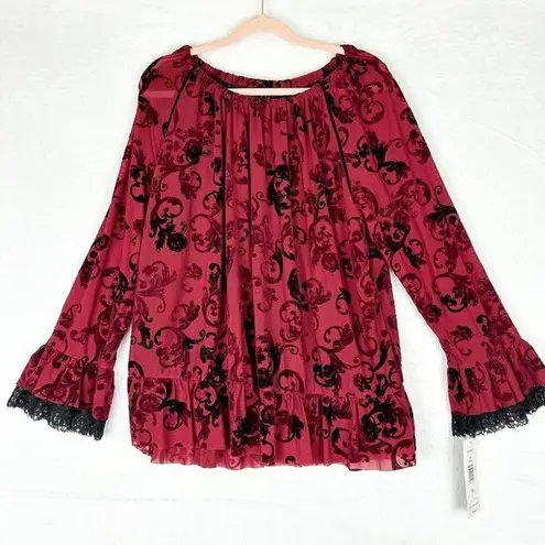 Calessa Velvet Mesh Long Sleeve Blouse Size XL NWT Crimson Crochet Flare Sleeve Red