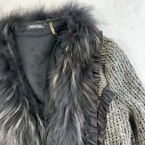 Dolce Cabo Sz L Boucle Cardigan Sweater Racoon Fur Witchy Grunge Luxe Goth Punk Gray Size L