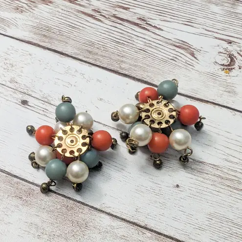 Vintage Clip On Earrings Multi Tone Cluster Dangle