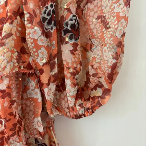 Ulla Johnson Tamara Dress Silk Mini Metallic Floral Print Coral Size 2 Tiered