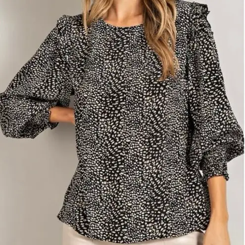 ee:some  Animal Print Balloon Sleeve Blouse Womens S Black Brown Ruffle Shoulder