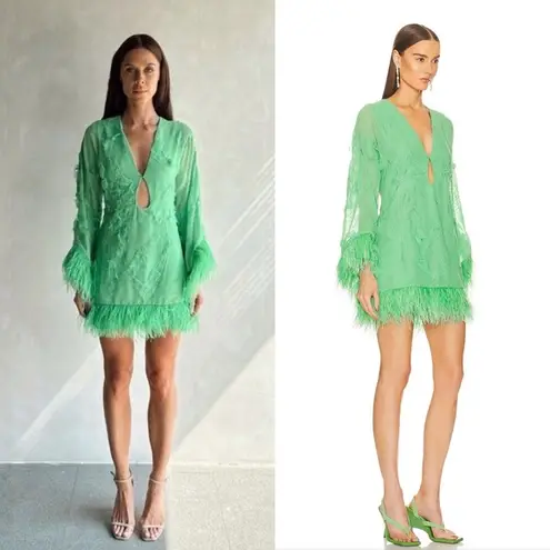 Alexis  Gracelle Feather Trim Mini Dress in Emerald Sz M