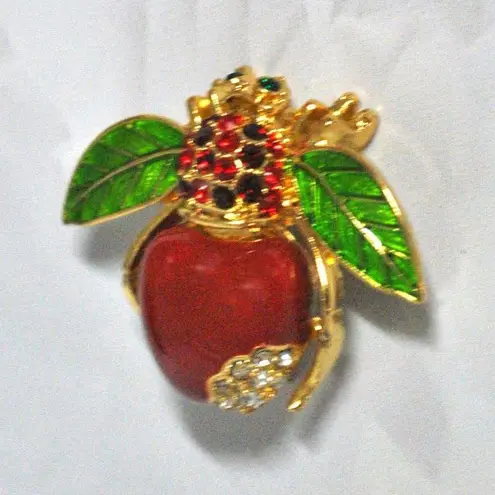 Joan Rivers NEW  Big Red APPLE BEE PIN Bug Brooch Pave Crystal Rhinestones Enamel