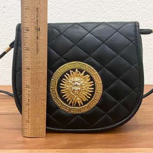 Vintage Unbranded Black Quilted Leather Medusa Sunburst Medallion Crossbody Bag