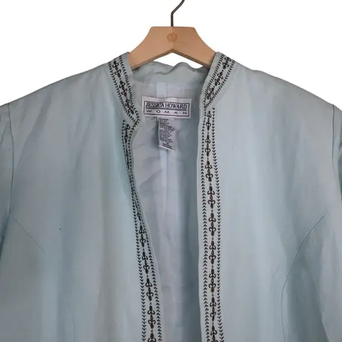 Jessica Howard Women's 16 Lined Pale Blue Embroidered Linen Blend Blazer