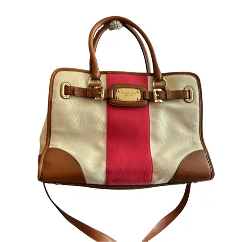 Michael Kors Michael Kors Hamilton Stripe Satchel Bag Ivory Red Brown Leather Trim