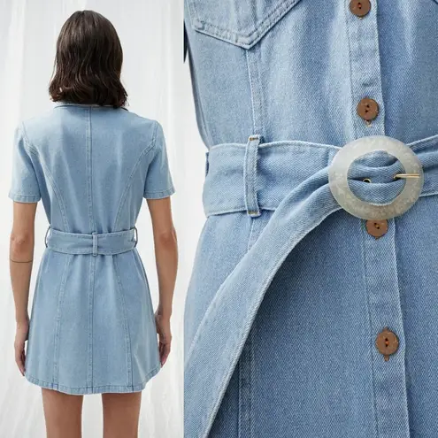 Nanushka Dress Denim Short Sleeve 80s Wash Blue Belted Mini Dress M Size M