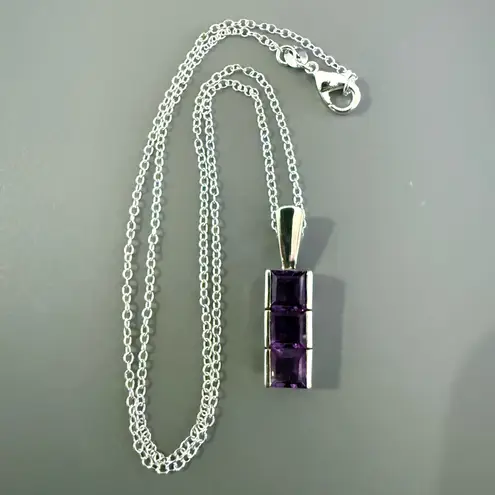 Amethyst Necklace Signed VJ India Sterling Silver Pendant w/Sterling Plate Chain Purple