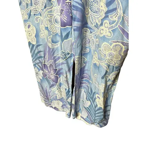 August Silk Wide Leg Cropped Pants Blue Purple Floral Print 100% Silk Size L
