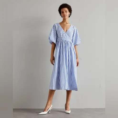 STAUD Jodie Midi Wrap Dress in Sea Stripe S