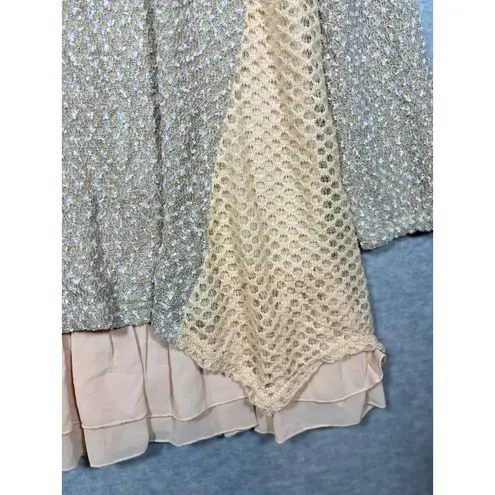 A'Reve Women’s Dress Sz L Sweater Ruffle Boho Hippie Ruffle Crochet Tan Size L