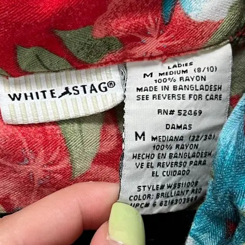 White Stag Vintage Hawaiian Red Floral Collared Crop Top Dad Shirt Size Medium