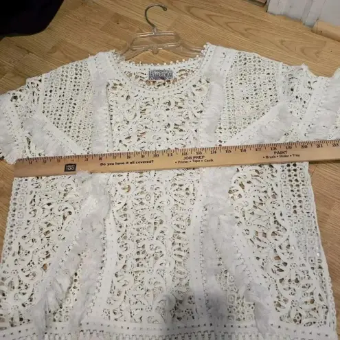 Yoana Baraschi Anthropologie  Top White Lace‎ Crochet Fringe Trim Short Sleeve S