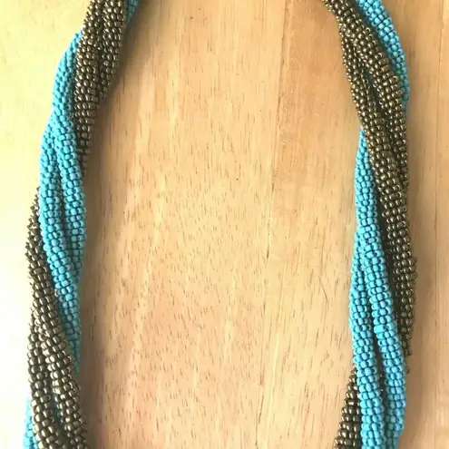 Vintage Beaded Rope Necklace Blue Bronze Bell Caps Lobster Closure 20 in…