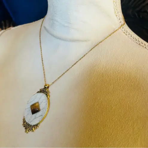 Handmade Handcrafted cowhide vintage gem cameo pendant on chain necklace