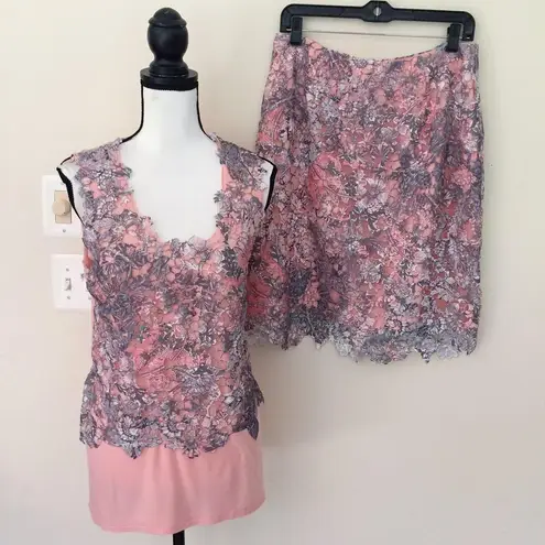 Tahari T Two Piece Peach Orange Lace Skirt Set S