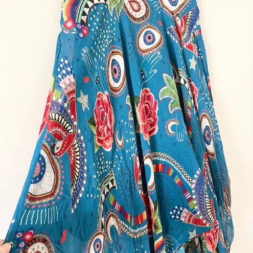 Farm Rio Midi Skirt with Scarf Hem in Blue Multi Paisley Print Size M