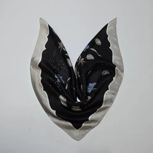 Vintage Satin Floral Scarf Black Blue Square Neck Head Bandana Kerchief Silver